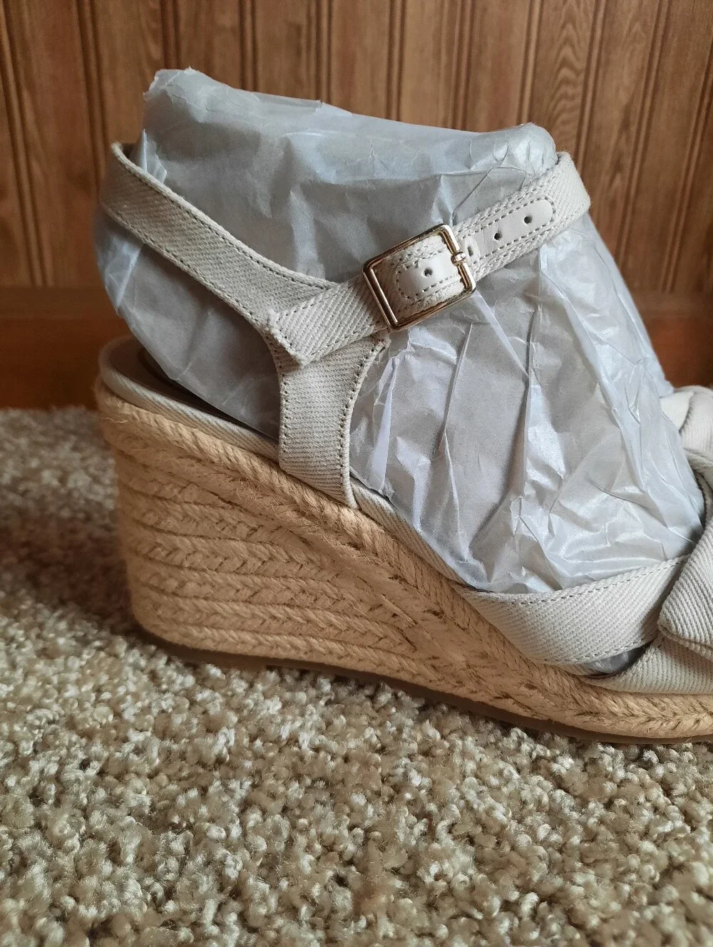 🛍 NIB Life Stride Tahlia Bone Canvas Ankle Strap Bow Espadrille Wedges Size 7